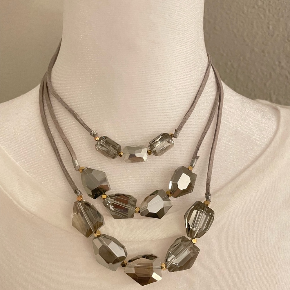 Elegant Grey Multi-Strand Necklace with Gold Accents NWT